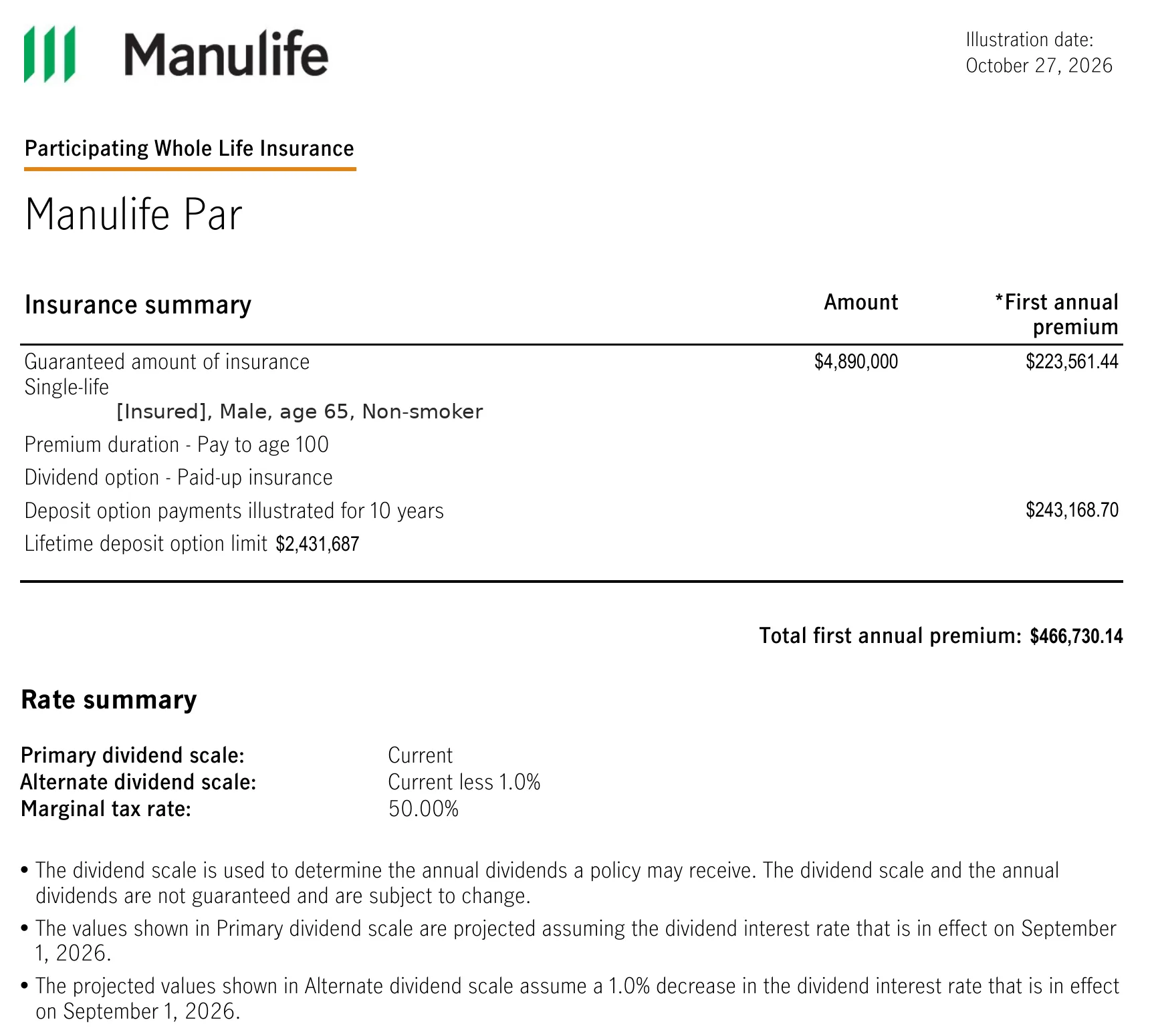 Anonymized Manulife participating whole life illustration showing base premium, ADO, and total annual premium