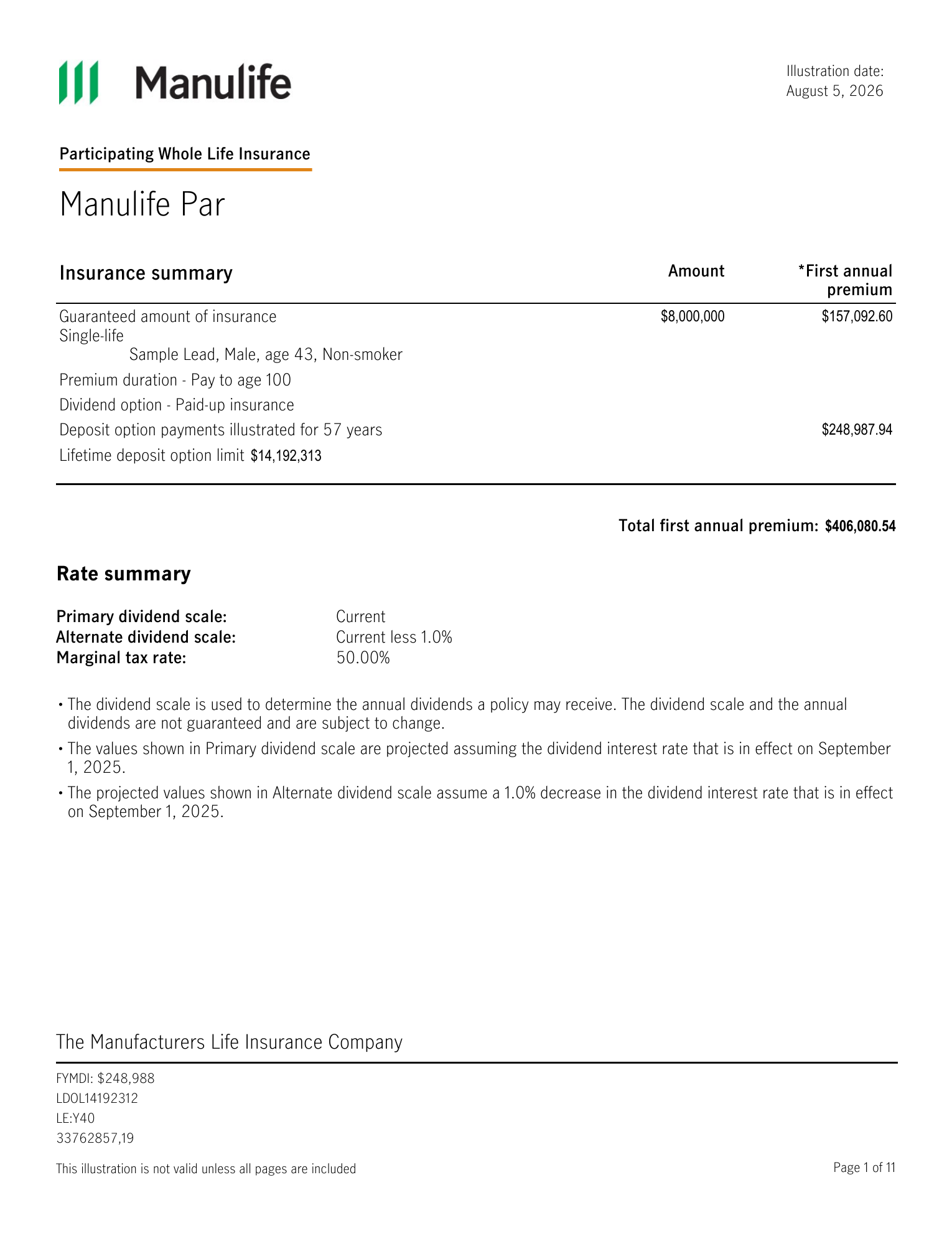 Manulife Par insurance summary at maximum deposit option showing $157,092.60 base premium, $248,987.94 deposit option payment, $406,080.54 total first annual premium and a $14,192,313 lifetime deposit option limit.